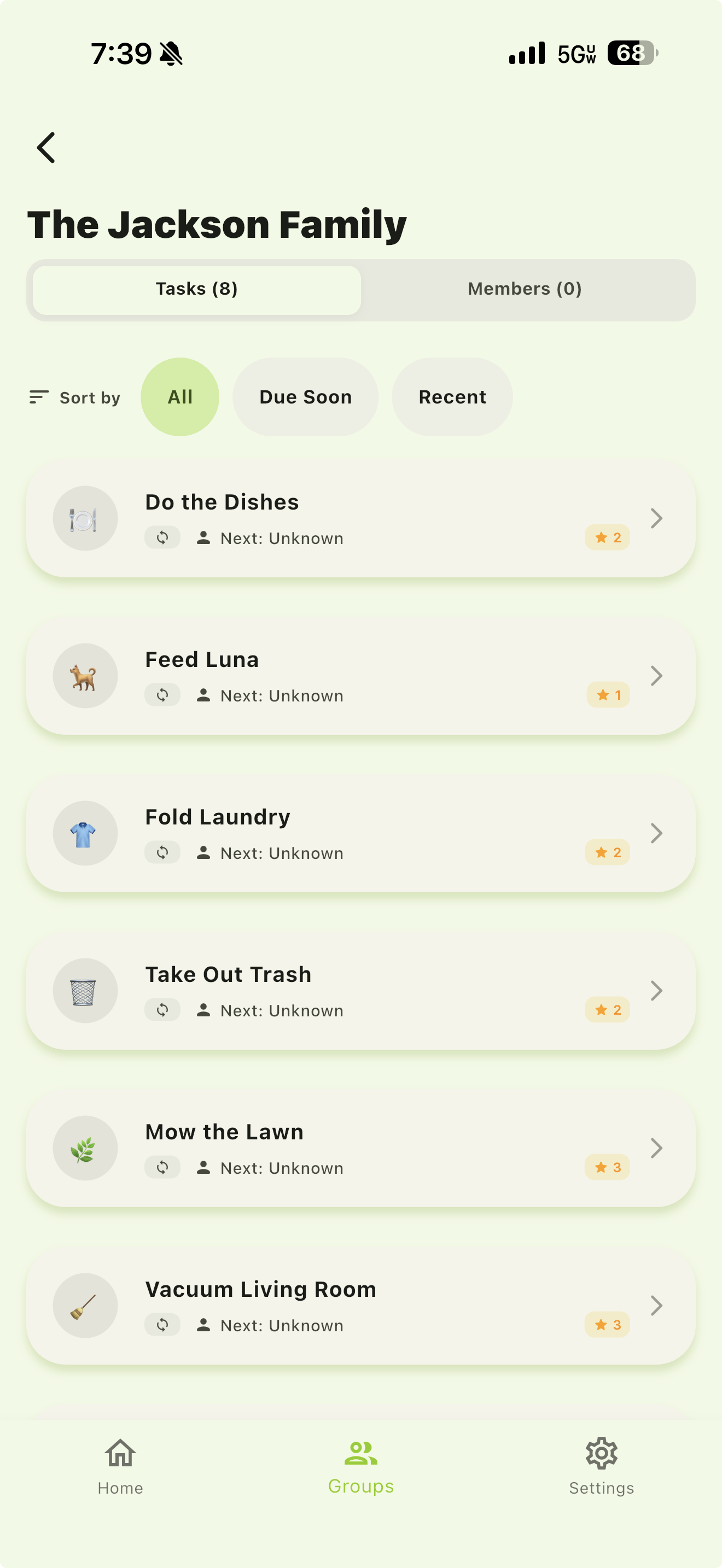 Group detail screen for The Jackson Family showing 8 tasks with sort filters