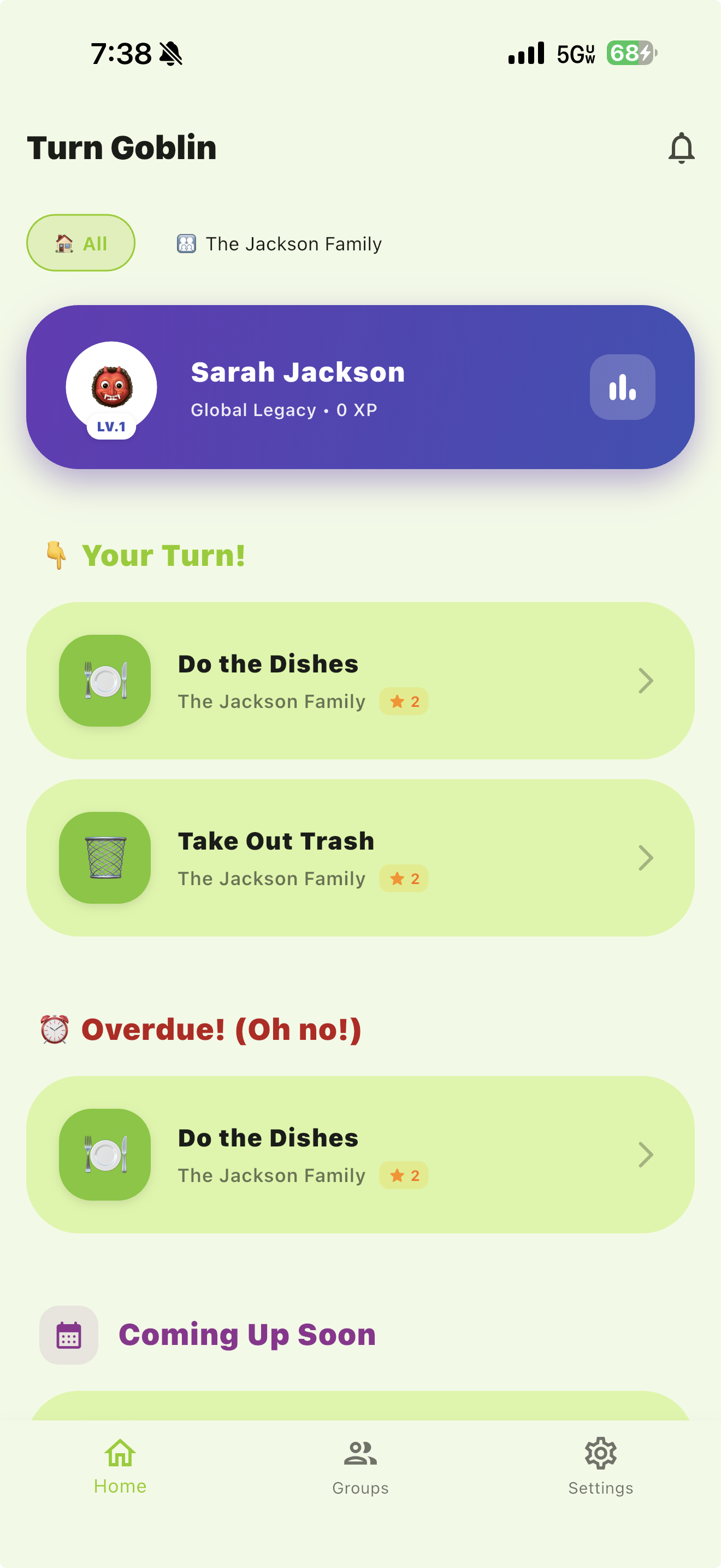TurnGoblin app home screen showing task cards, rank banner, and whose turn it is